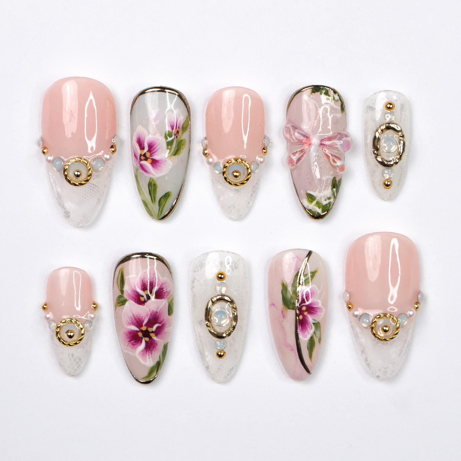 Press On Nails Dragonfly with Lace Textures | Hand-Painted Floral Fake Nails in Medium Almond | Handmade Bridal Nail Art for Wedding, Prom