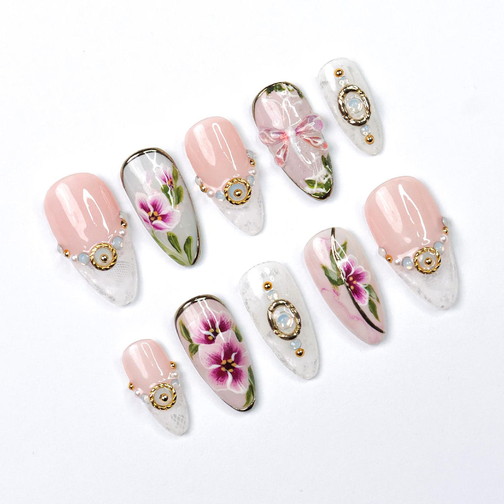 Press On Nails Dragonfly with Lace Textures | Hand-Painted Floral Fake Nails in Medium Almond | Handmade Bridal Nail Art for Wedding, Prom