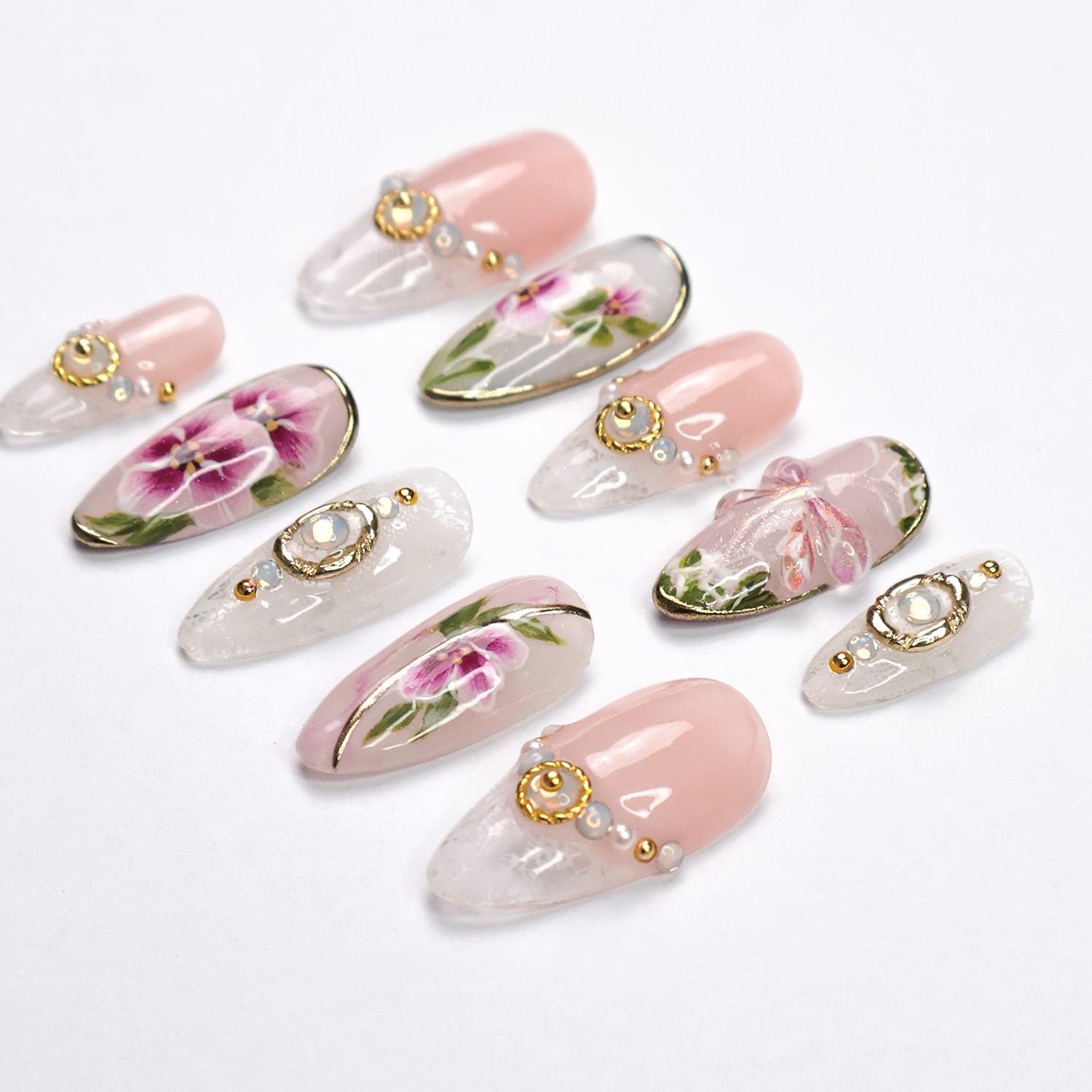 Press On Nails Dragonfly with Lace Textures | Hand-Painted Floral Fake Nails in Medium Almond | Handmade Bridal Nail Art for Wedding, Prom