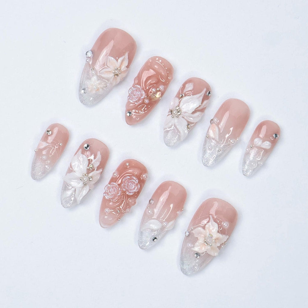 Bridal Press On Nails with 3D White Flowers and Sparkle Tips, Nude Pink Wedding Nails for Bride, Handmade Elegant Fake Nails