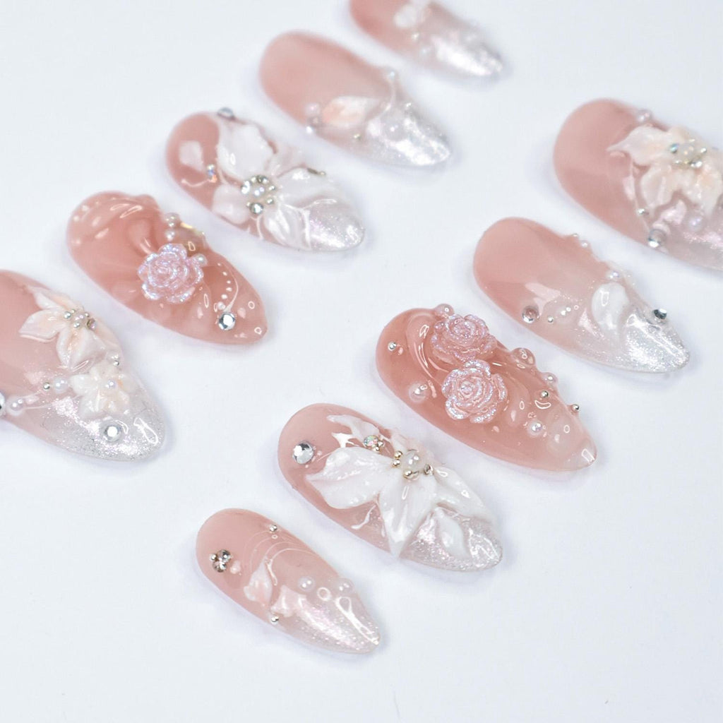 Bridal Press On Nails with 3D White Flowers and Sparkle Tips, Nude Pink Wedding Nails for Bride, Handmade Elegant Fake Nails