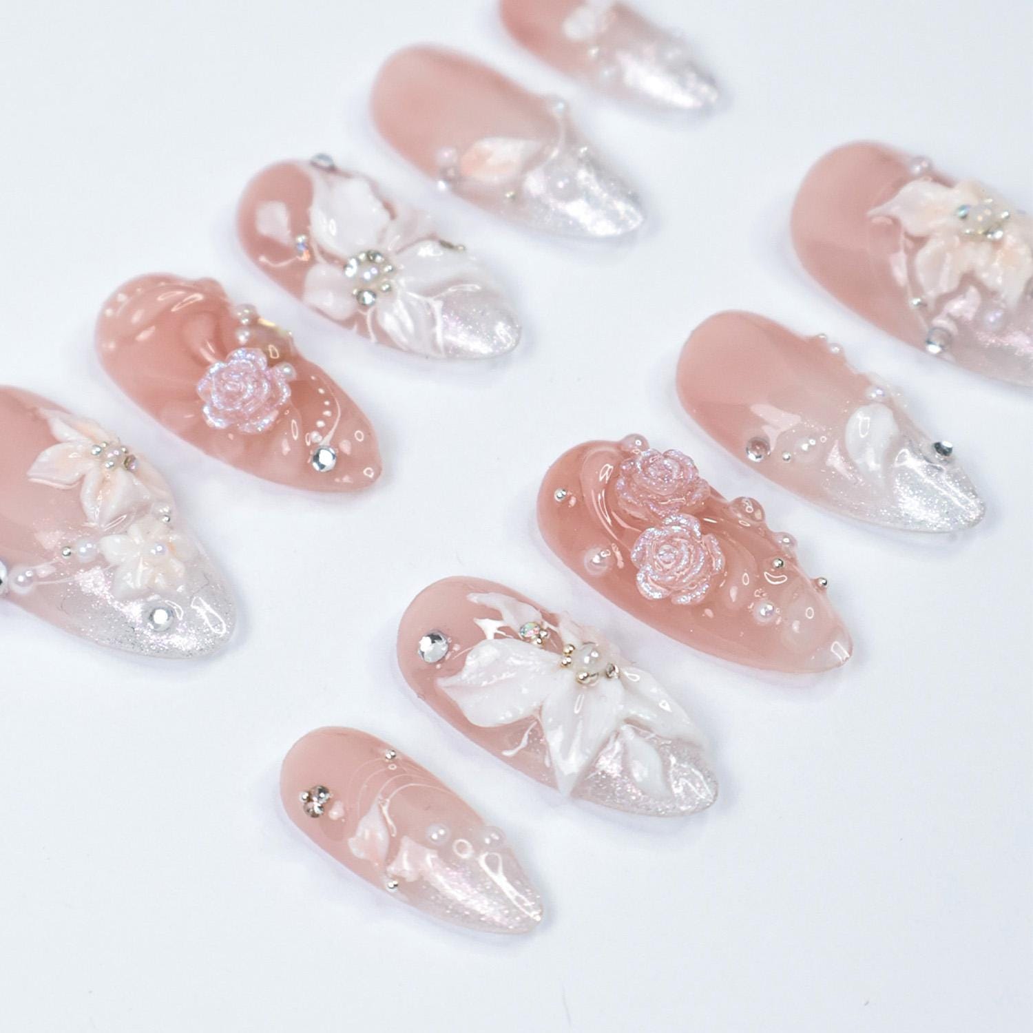 Bridal Press On Nails with 3D White Flowers and Sparkle Tips, Nude Pink Wedding Nails for Bride, Handmade Elegant Fake Nails