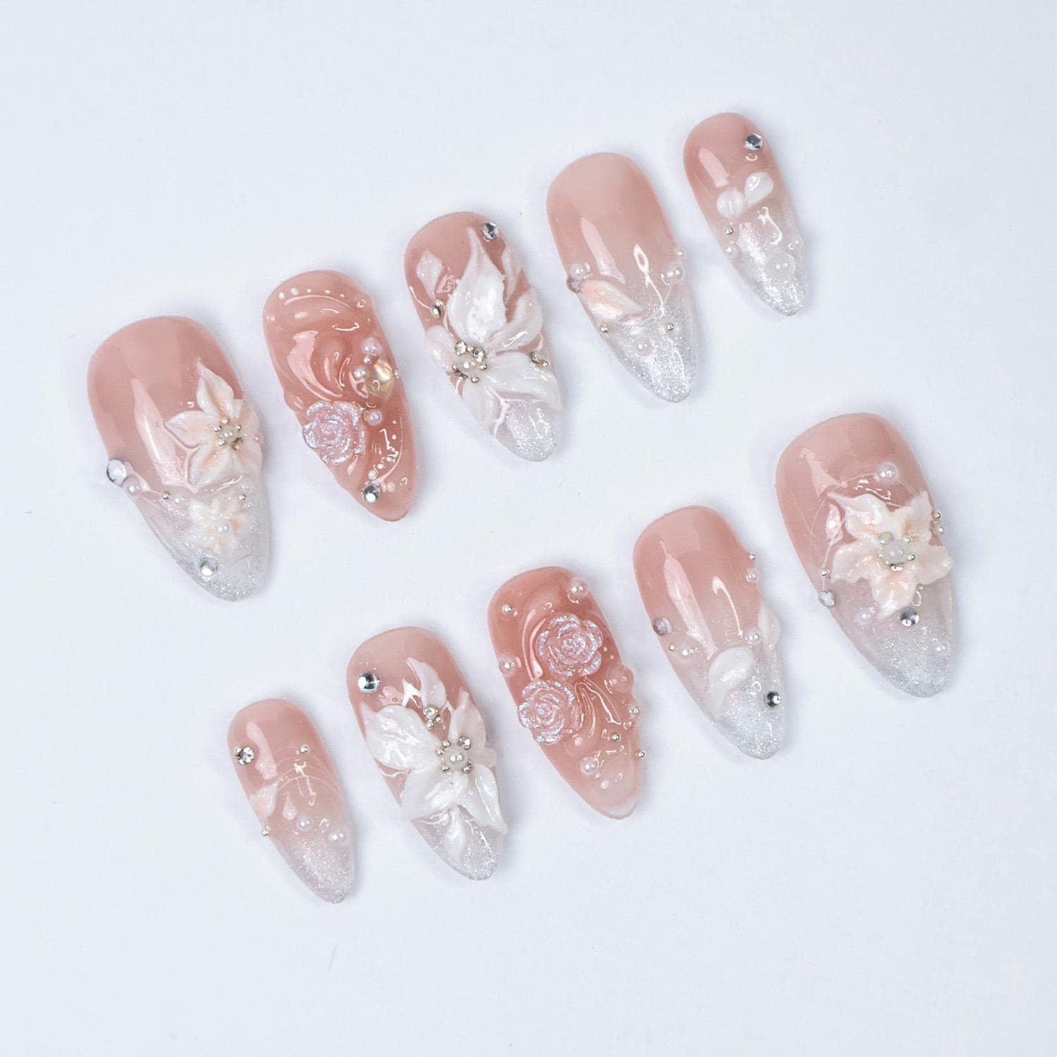 Bridal Press On Nails with 3D White Flowers and Sparkle Tips, Nude Pink Wedding Nails for Bride, Handmade Elegant Fake Nails