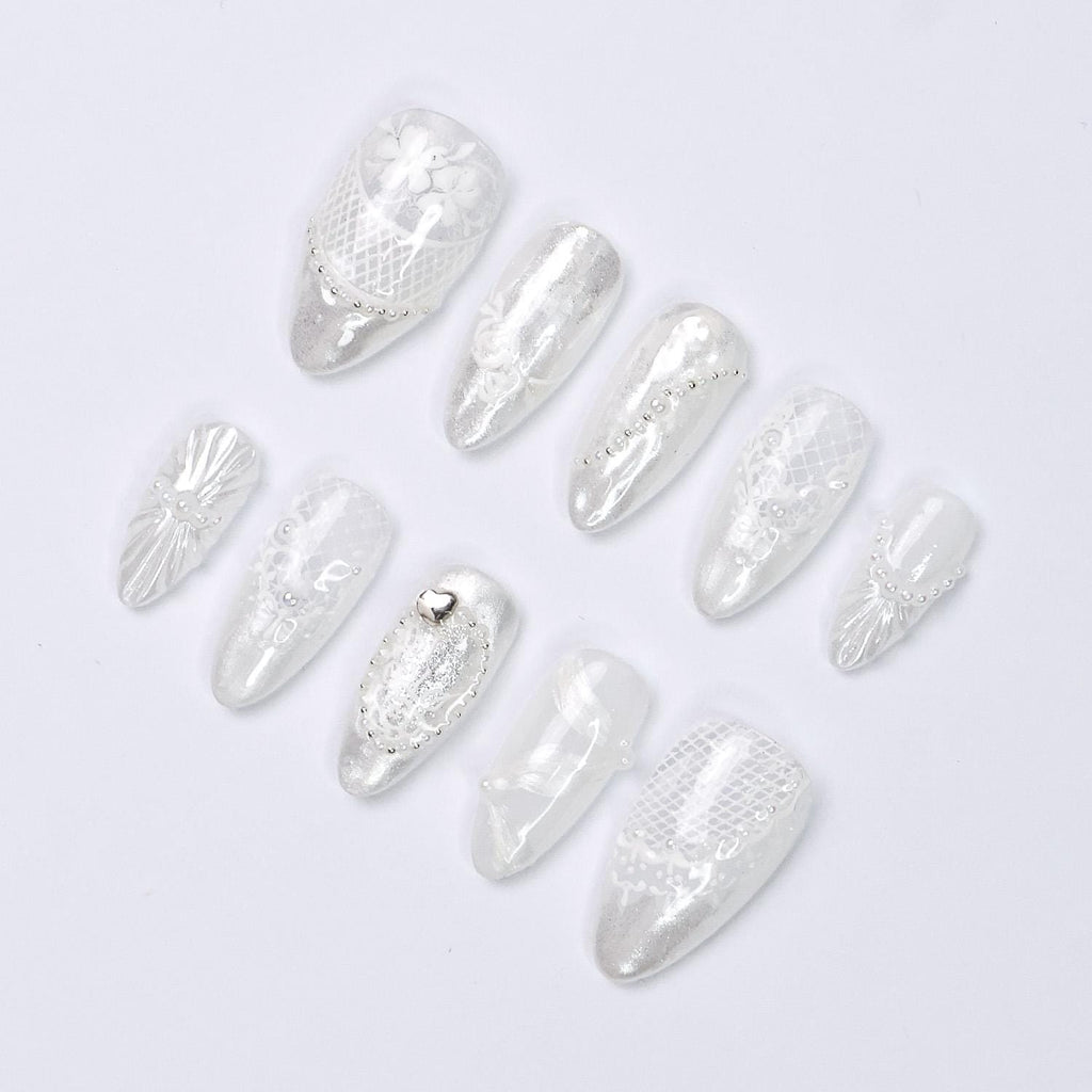 Press On Nails Lunaria with Lace Textures & Pearl | Iridescent Bridal Fake Nails in Almond Shape | Handmade Nail Art for Wedding, Holiday