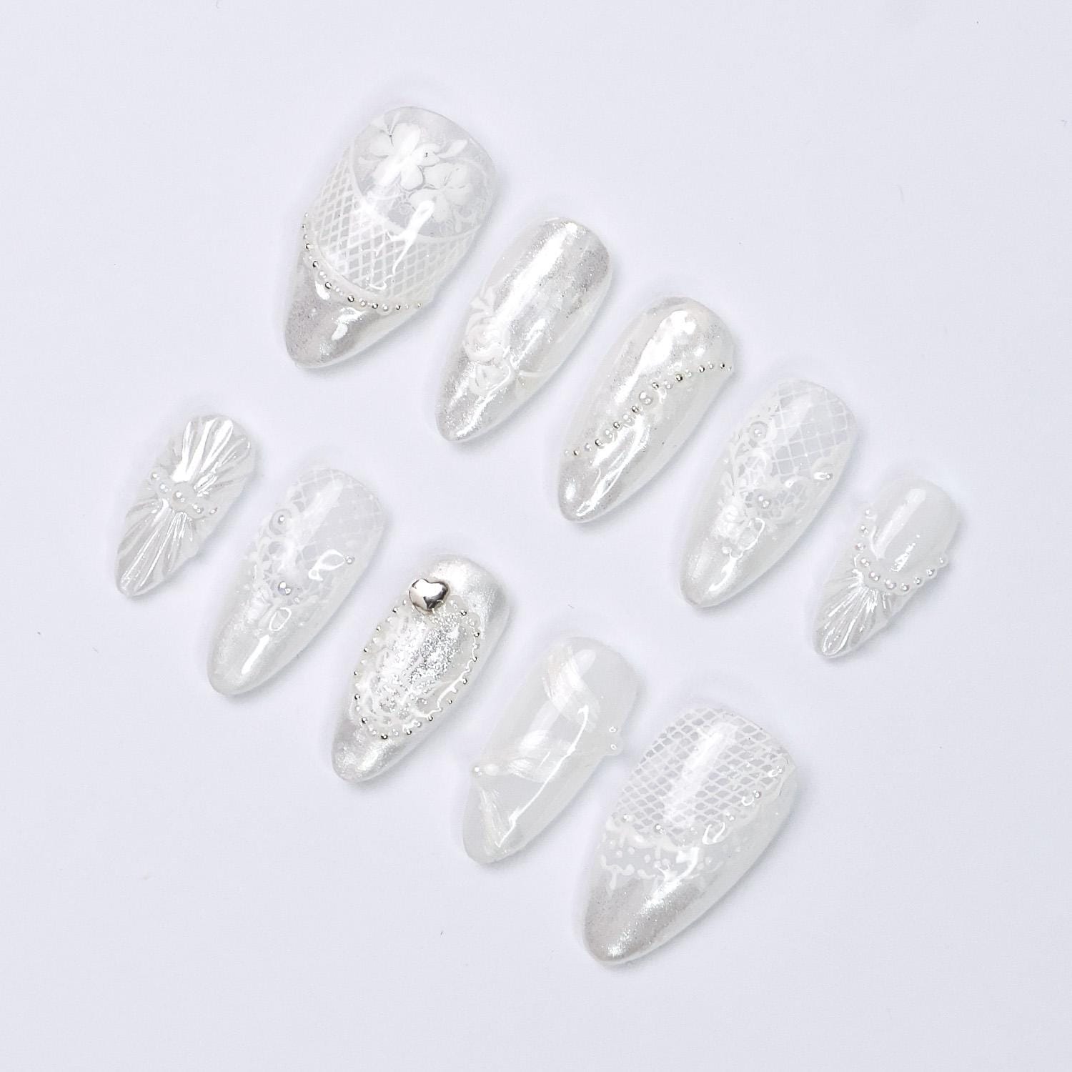 Press On Nails Lunaria with Lace Textures & Pearl | Iridescent Bridal Fake Nails in Almond Shape | Handmade Nail Art for Wedding, Holiday