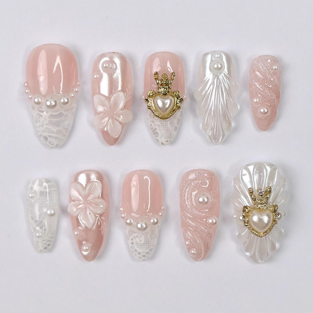Press On Nails Pearlora Crown Heart with Lace Texture | 3D Floral Fake Nail in Medium Almond | Handmade Nail Art for Wedding, Prom, Birthday