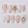 Press On Nails Pearlora Crown Heart with Lace Texture | 3D Floral Fake Nail in Medium Almond | Handmade Nail Art for Wedding, Prom, Birthday