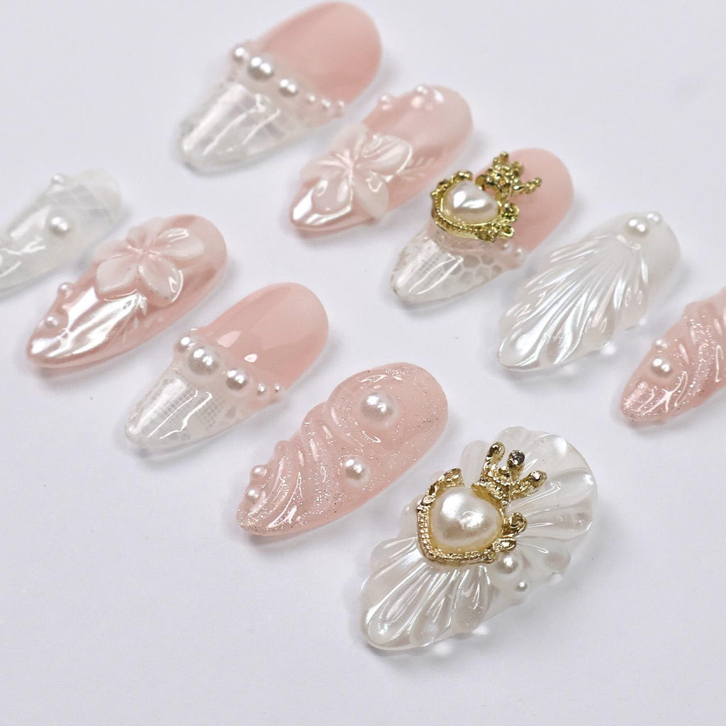 Press On Nails Pearlora Crown Heart with Lace Texture | 3D Floral Fake Nail in Medium Almond | Handmade Nail Art for Wedding, Prom, Birthday