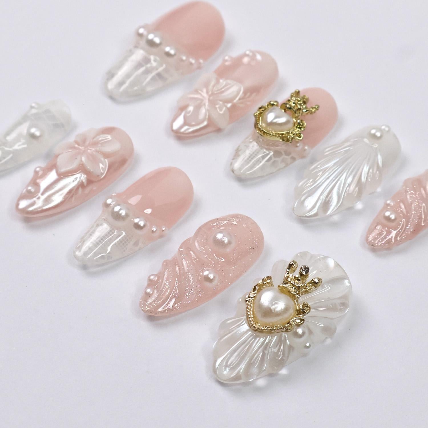 Press On Nails Pearlora Crown Heart with Lace Texture | 3D Floral Fake Nail in Medium Almond | Handmade Nail Art for Wedding, Prom, Birthday