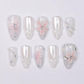 Press On Nails Petal Glimmer with Butterfly & Lace | 3D Floral Fake Nails in Meidum Almond | Handmade Wedding Nail Art for Bridal, Birthday