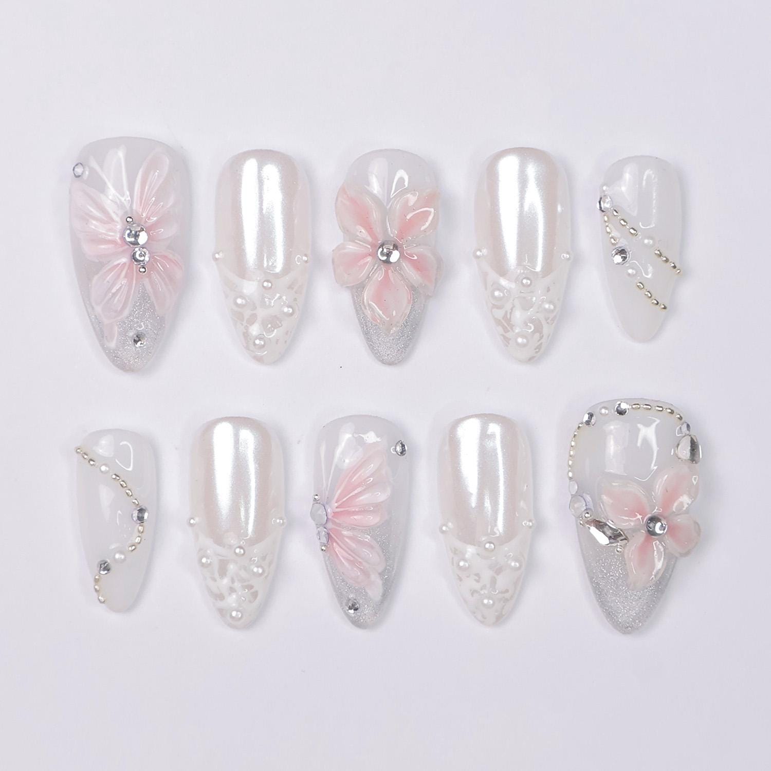 Press On Nails Petal Glimmer with Butterfly & Lace | 3D Floral Fake Nails in Meidum Almond | Handmade Wedding Nail Art for Bridal, Birthday