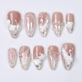 Press On Nails Swan Elegance with Rose & Pearl | 3D Floral Fake Nail in Medium Almond | Handmade Bridal Nail Art for Wedding, Prom, Birthday