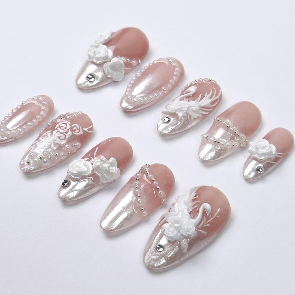 Press On Nails Swan Elegance with Rose & Pearl | 3D Floral Fake Nail in Medium Almond | Handmade Bridal Nail Art for Wedding, Prom, Birthday