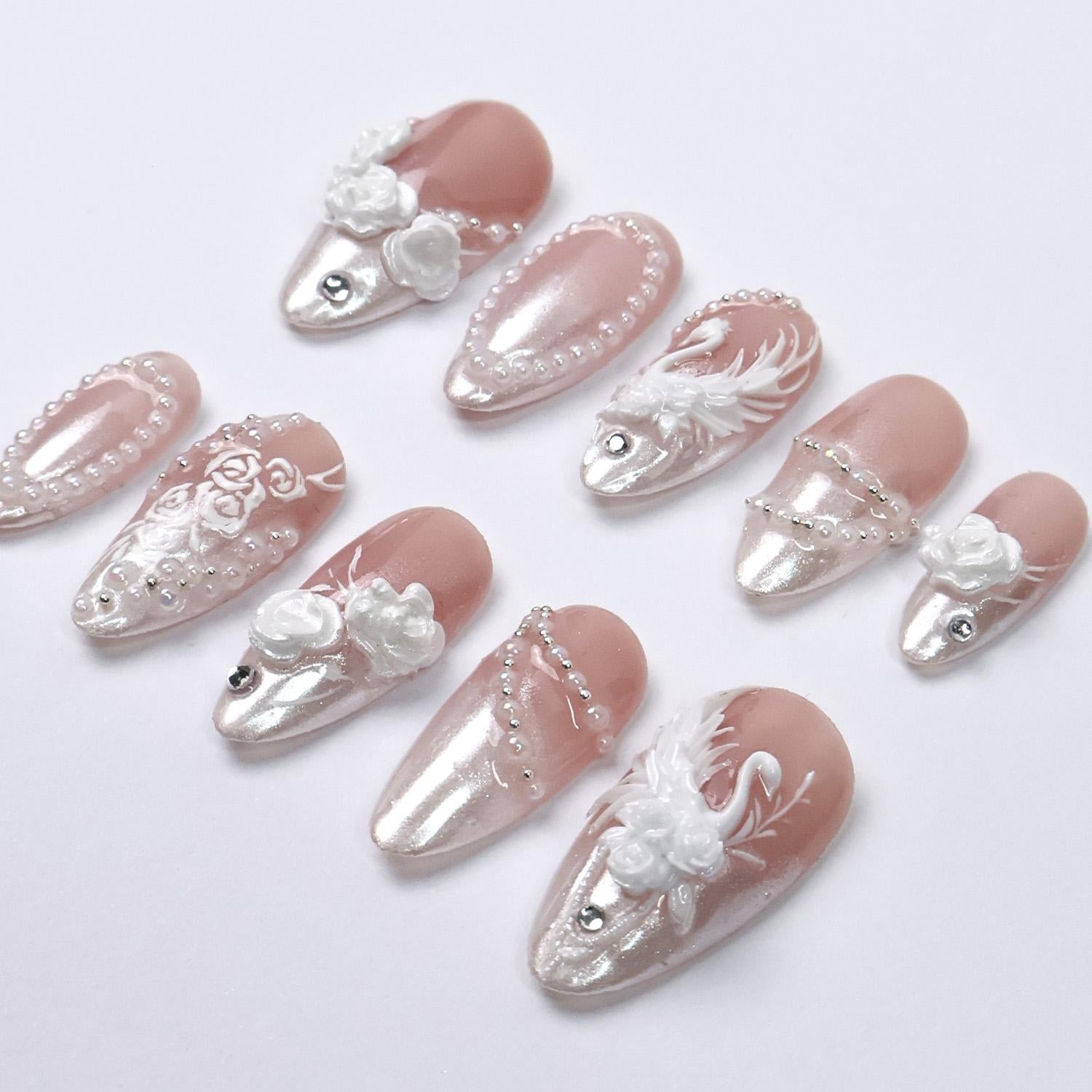 Press On Nails Swan Elegance with Rose & Pearl | 3D Floral Fake Nail in Medium Almond | Handmade Bridal Nail Art for Wedding, Prom, Birthday