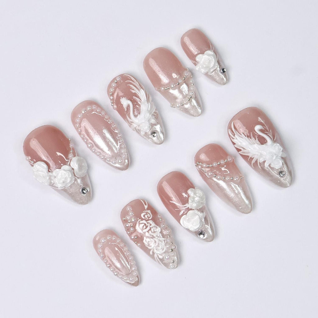 Press On Nails Swan Elegance with Rose & Pearl | 3D Floral Fake Nail in Medium Almond | Handmade Bridal Nail Art for Wedding, Prom, Birthday