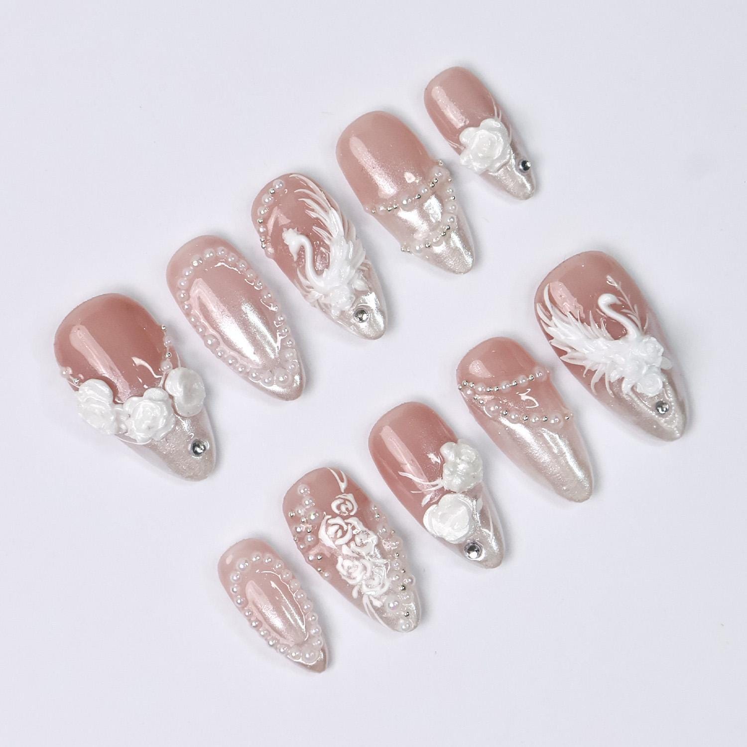 Press On Nails Swan Elegance with Rose & Pearl | 3D Floral Fake Nail in Medium Almond | Handmade Bridal Nail Art for Wedding, Prom, Birthday