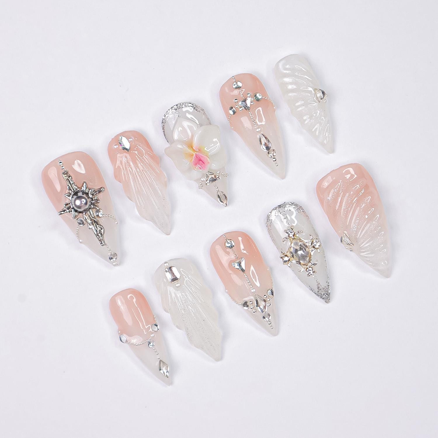 Press On Nails Orchid with Silver Jewel Accent | 3D Textured Fake Nails in Medium Almond | Handmade Star Nail Art for Wedding, Prom, Holiday