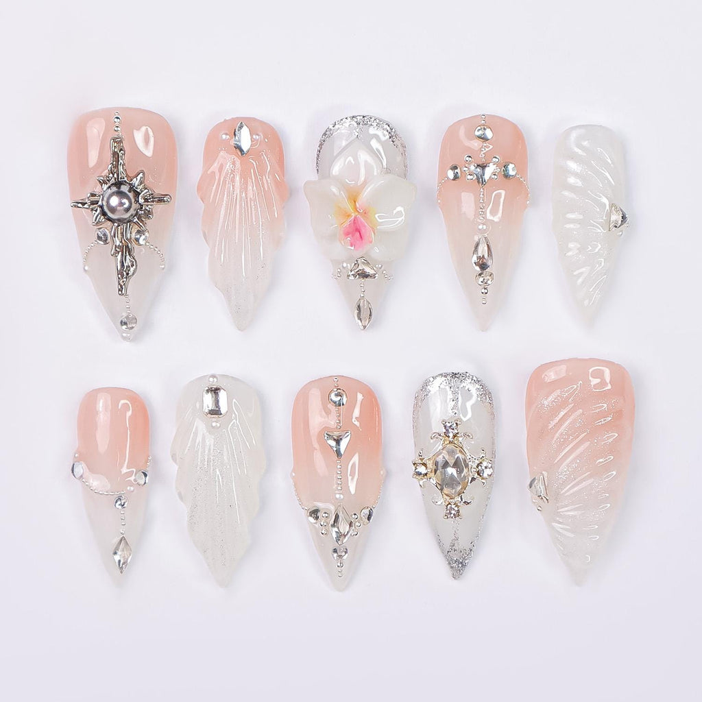 Press On Nails Orchid with Silver Jewel Accent | 3D Textured Fake Nails in Medium Almond | Handmade Star Nail Art for Wedding, Prom, Holiday