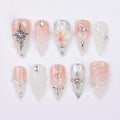 Press On Nails Orchid with Silver Jewel Accent | 3D Textured Fake Nails in Medium Almond | Handmade Star Nail Art for Wedding, Prom, Holiday