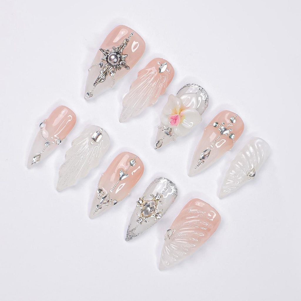 Press On Nails Orchid with Silver Jewel Accent | 3D Textured Fake Nails in Medium Almond | Handmade Star Nail Art for Wedding, Prom, Holiday