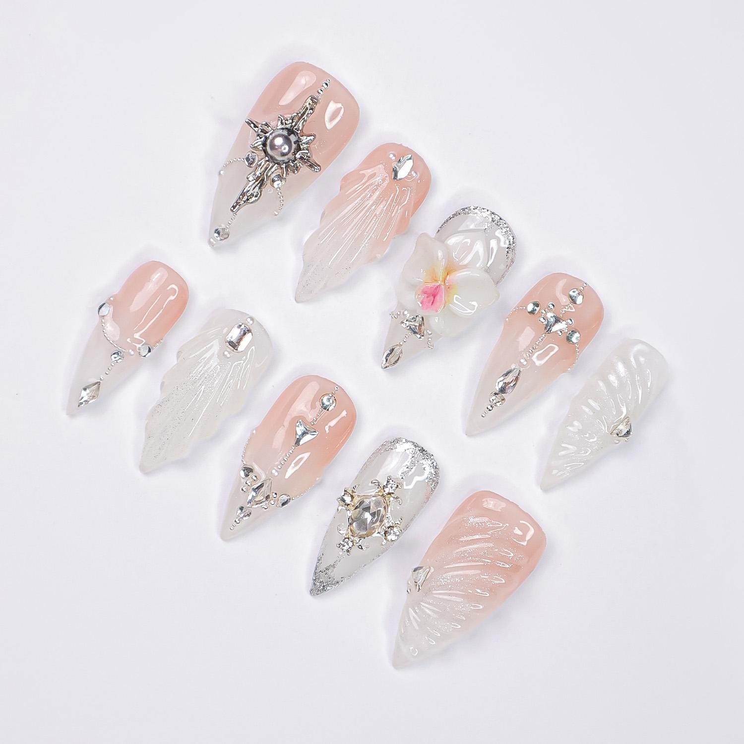 Press On Nails Orchid with Silver Jewel Accent | 3D Textured Fake Nails in Medium Almond | Handmade Star Nail Art for Wedding, Prom, Holiday