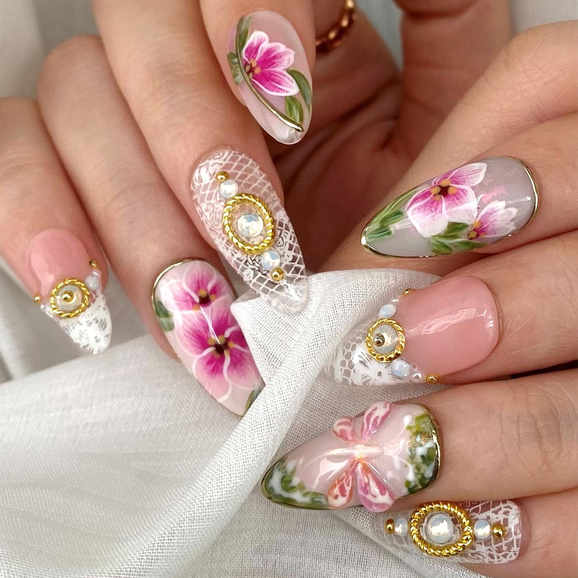Press On Nails Dragonfly with Lace Textures | Hand-Painted Floral Fake Nails in Medium Almond | Handmade Bridal Nail Art for Wedding, Prom