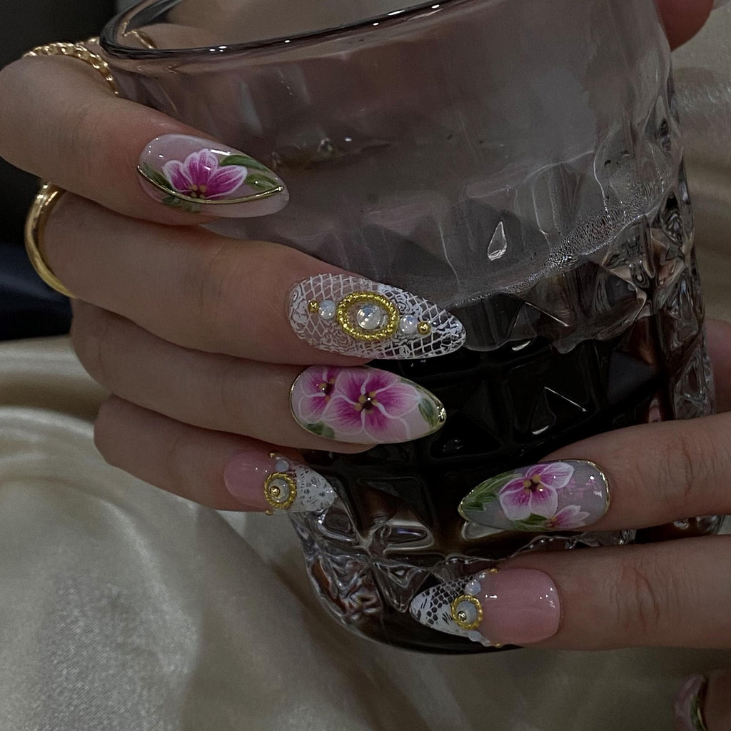 Press On Nails Dragonfly with Lace Textures | Hand-Painted Floral Fake Nails in Medium Almond | Handmade Bridal Nail Art for Wedding, Prom