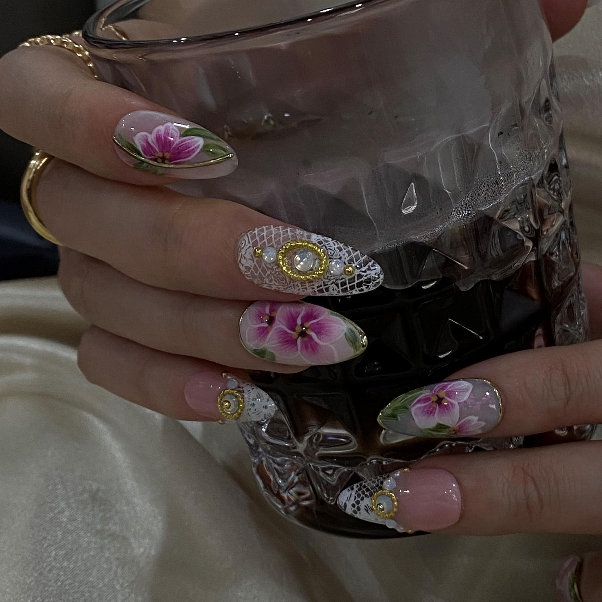 Press On Nails Dragonfly with Lace Textures | Hand-Painted Floral Fake Nails in Medium Almond | Handmade Bridal Nail Art for Wedding, Prom