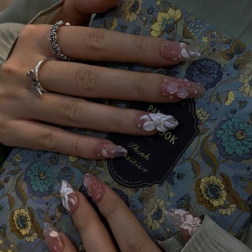 Bridal Press On Nails with 3D White Flowers and Sparkle Tips, Nude Pink Wedding Nails for Bride, Handmade Elegant Fake Nails