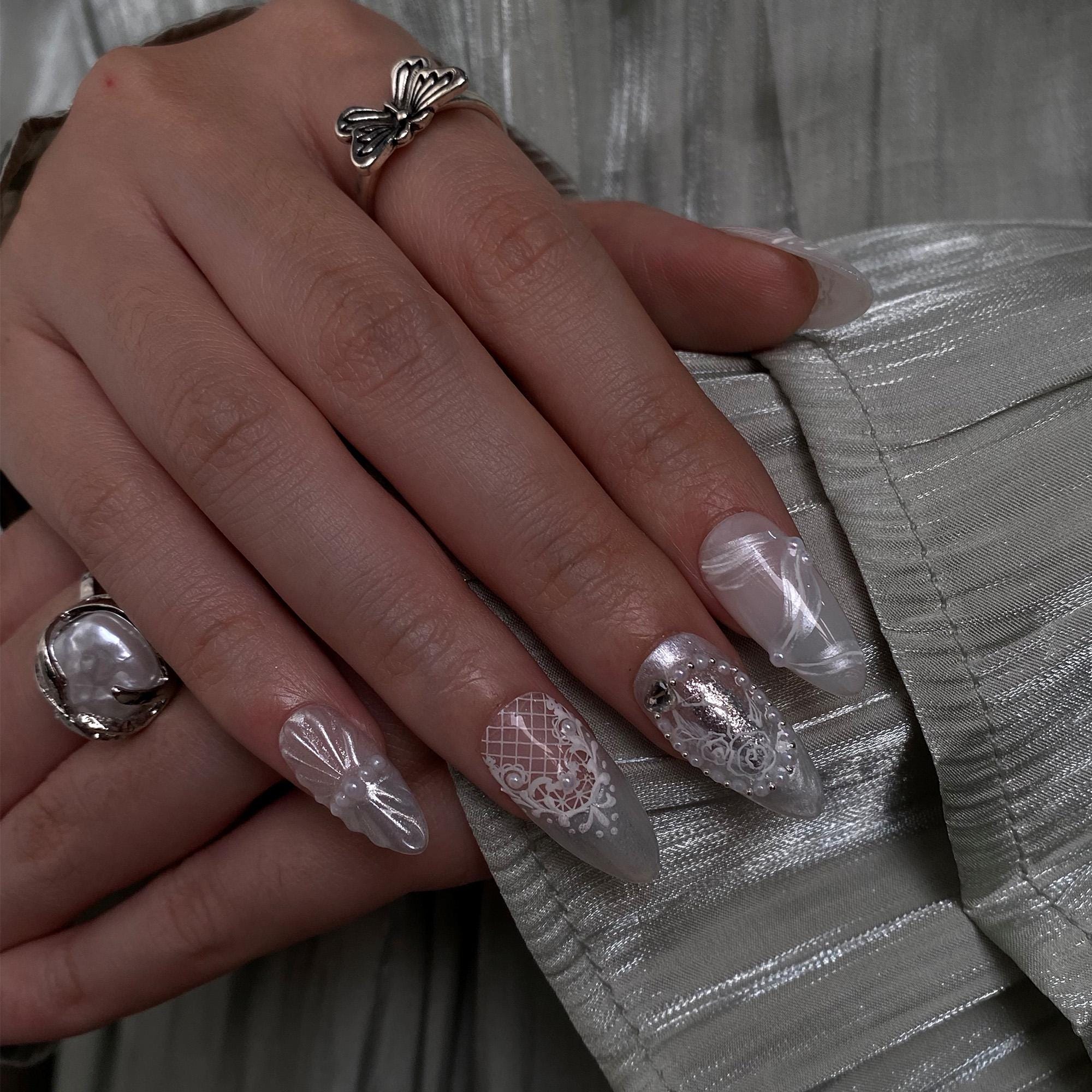 Press On Nails Lunaria with Lace Textures & Pearl | Iridescent Bridal Fake Nails in Almond Shape | Handmade Nail Art for Wedding, Holiday