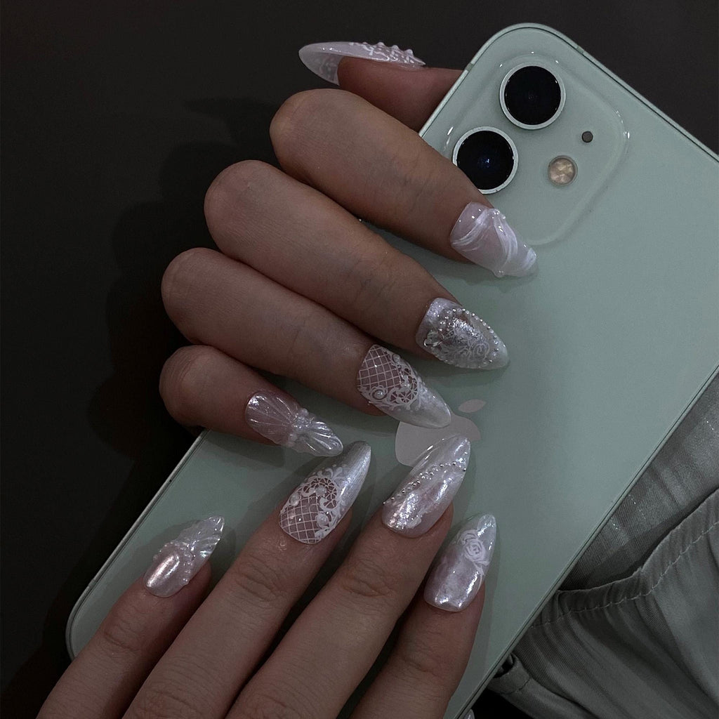 Press On Nails Lunaria with Lace Textures & Pearl | Iridescent Bridal Fake Nails in Almond Shape | Handmade Nail Art for Wedding, Holiday