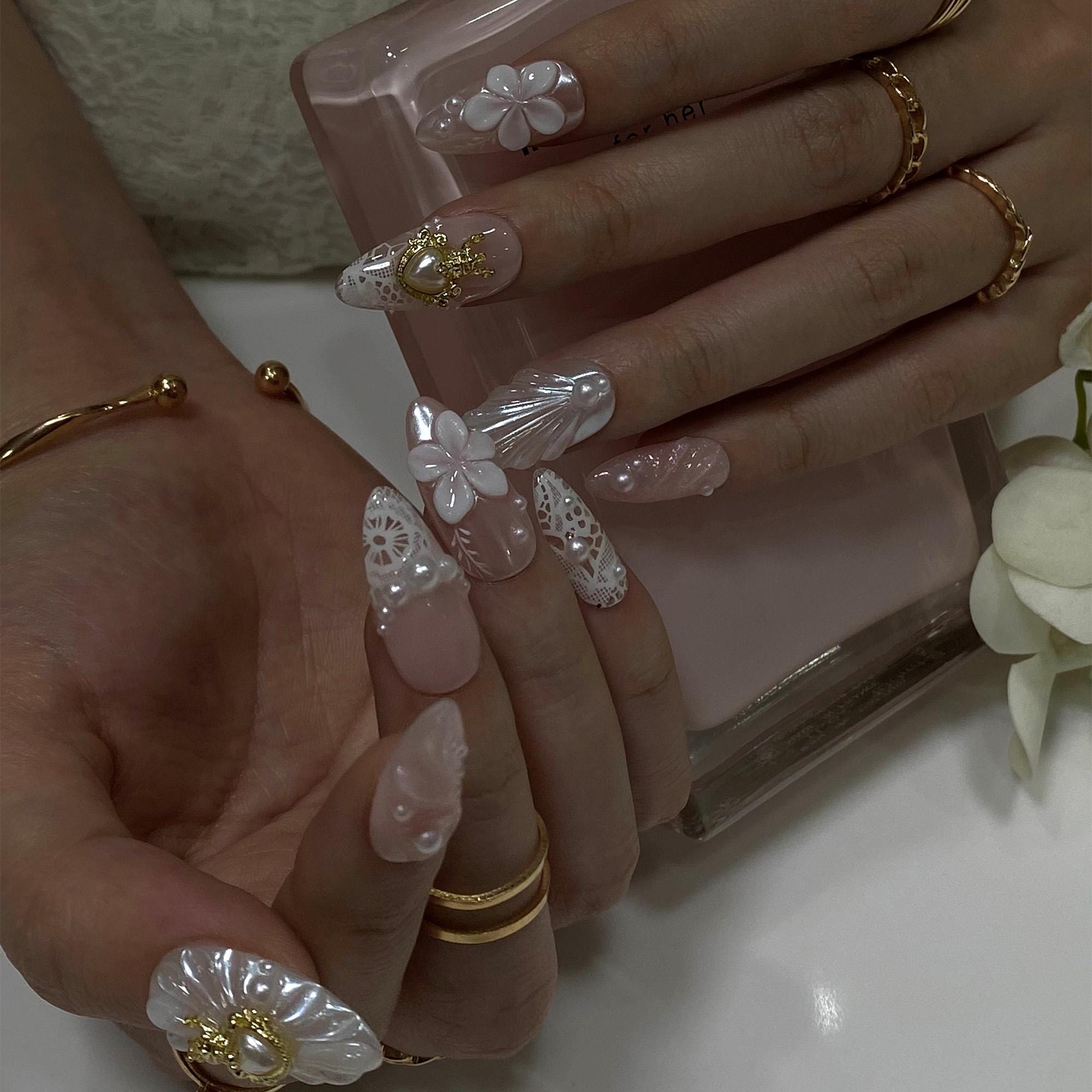 Press On Nails Pearlora Crown Heart with Lace Texture | 3D Floral Fake Nail in Medium Almond | Handmade Nail Art for Wedding, Prom, Birthday