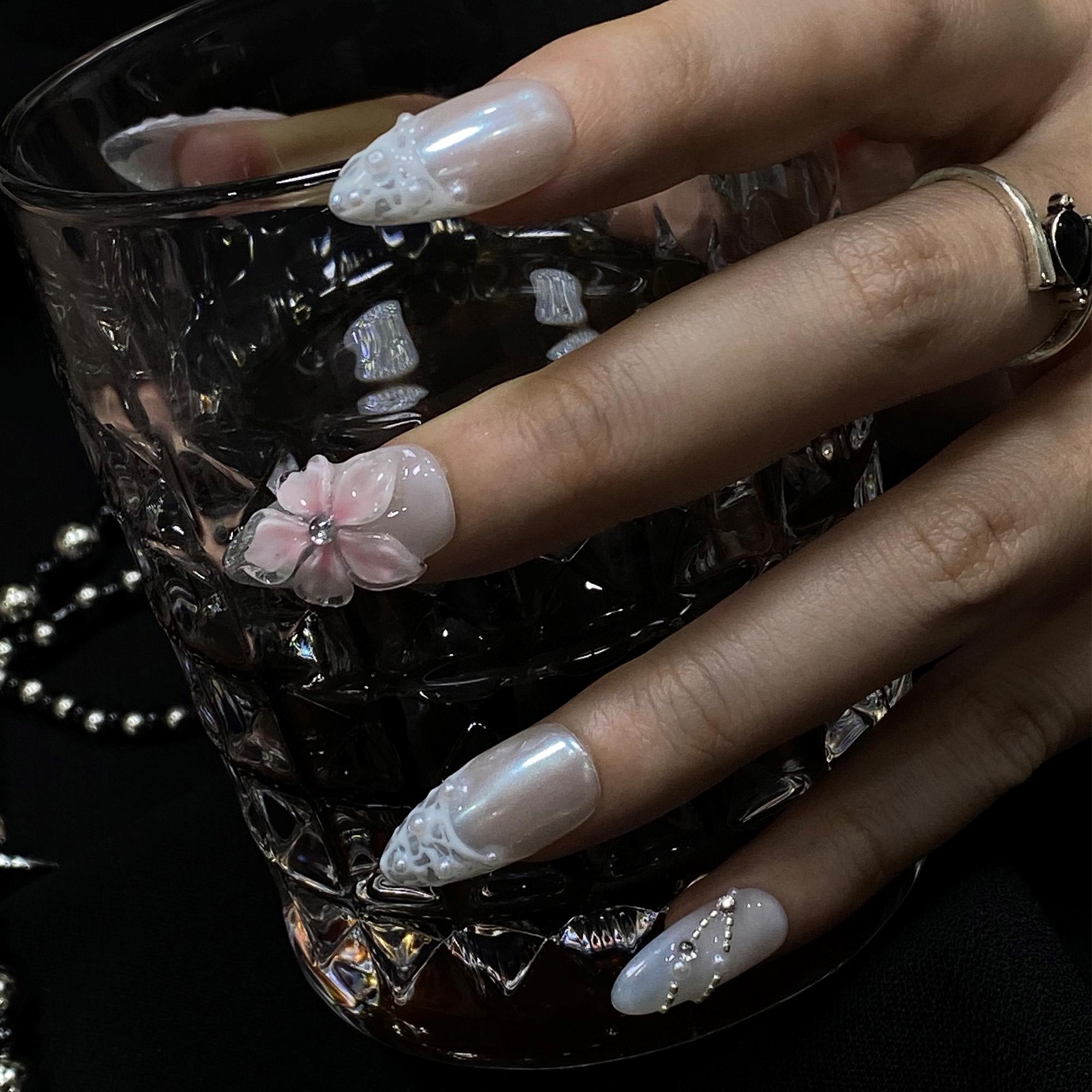 Press On Nails Petal Glimmer with Butterfly & Lace | 3D Floral Fake Nails in Meidum Almond | Handmade Wedding Nail Art for Bridal, Birthday