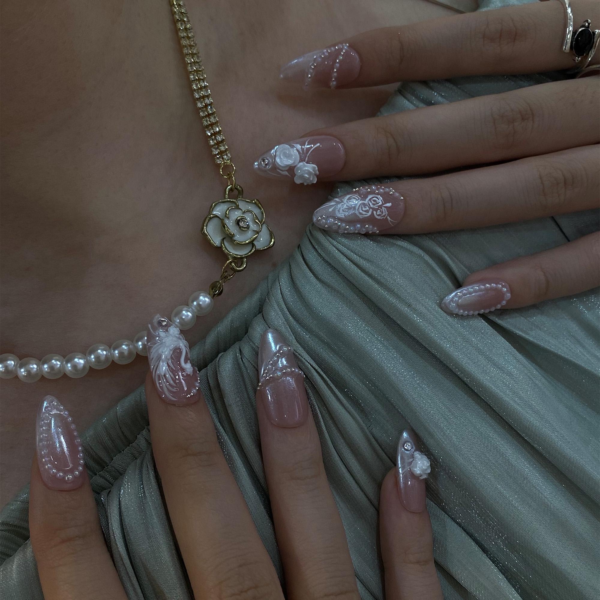 Press On Nails Swan Elegance with Rose & Pearl | 3D Floral Fake Nail in Medium Almond | Handmade Bridal Nail Art for Wedding, Prom, Birthday