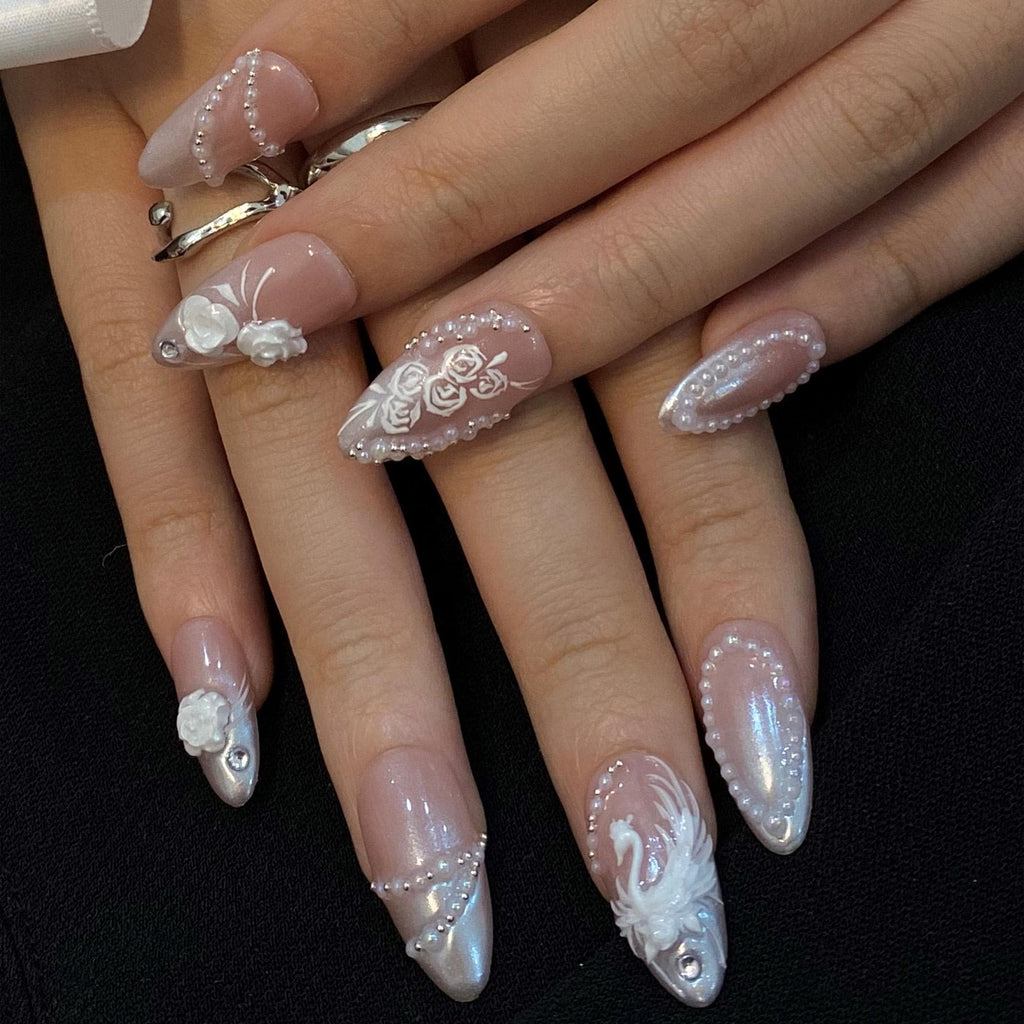 Press On Nails Swan Elegance with Rose & Pearl | 3D Floral Fake Nail in Medium Almond | Handmade Bridal Nail Art for Wedding, Prom, Birthday