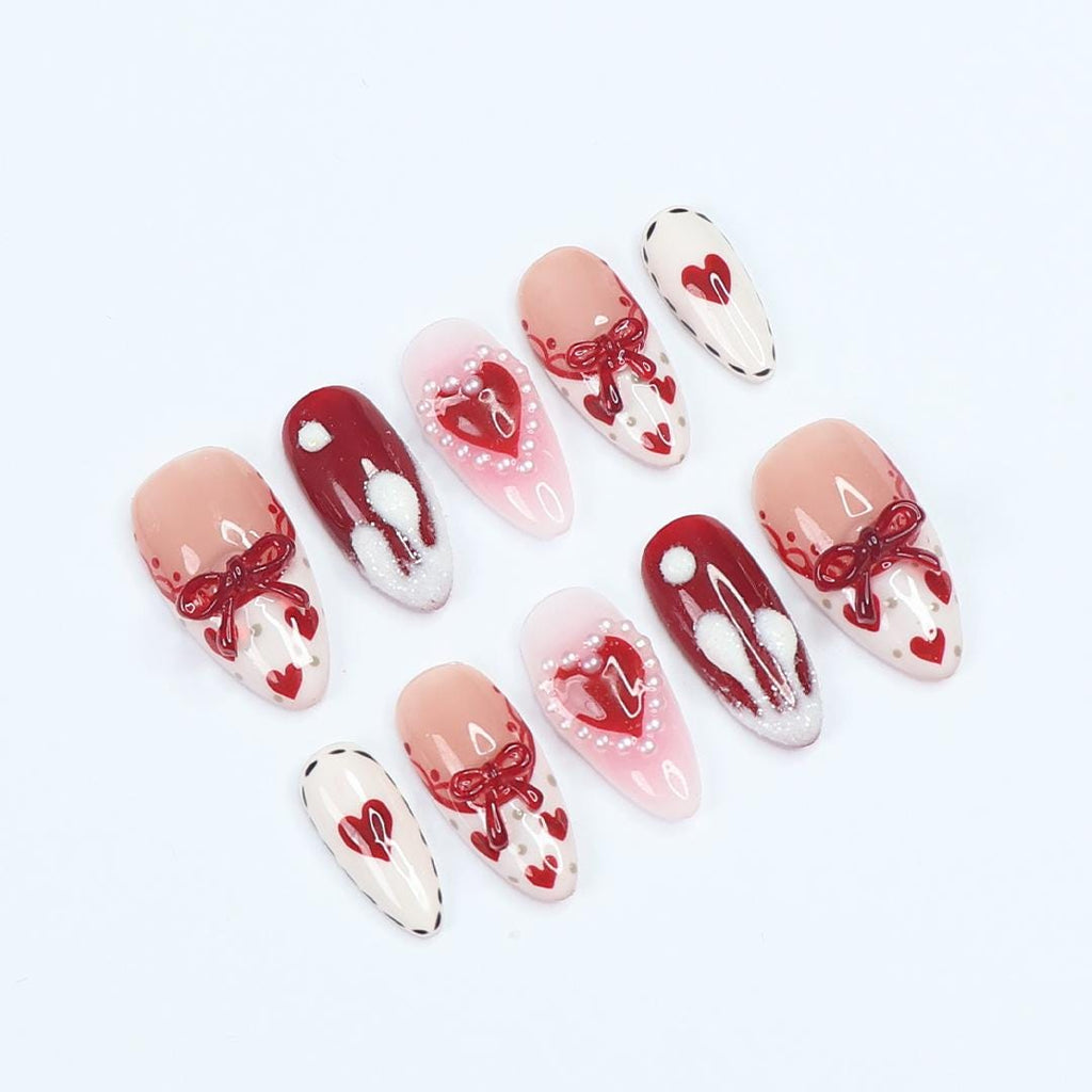 Press On Nail Valentine with Heart | Bow & Pearl Fake Nail in Medium Almond | Handmade Valentine Nail Art for Holiday, Anniversary, Birthday