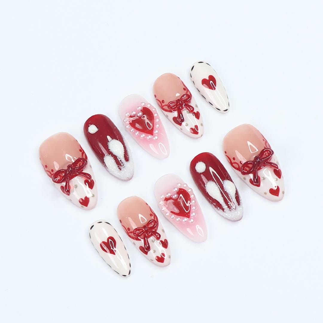 Press On Nail Valentine with Heart | Bow & Pearl Fake Nail in Medium Almond | Handmade Valentine Nail Art for Holiday, Anniversary, Birthday