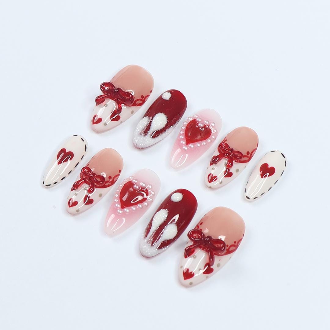 Press On Nail Valentine with Heart | Bow & Pearl Fake Nail in Medium Almond | Handmade Valentine Nail Art for Holiday, Anniversary, Birthday