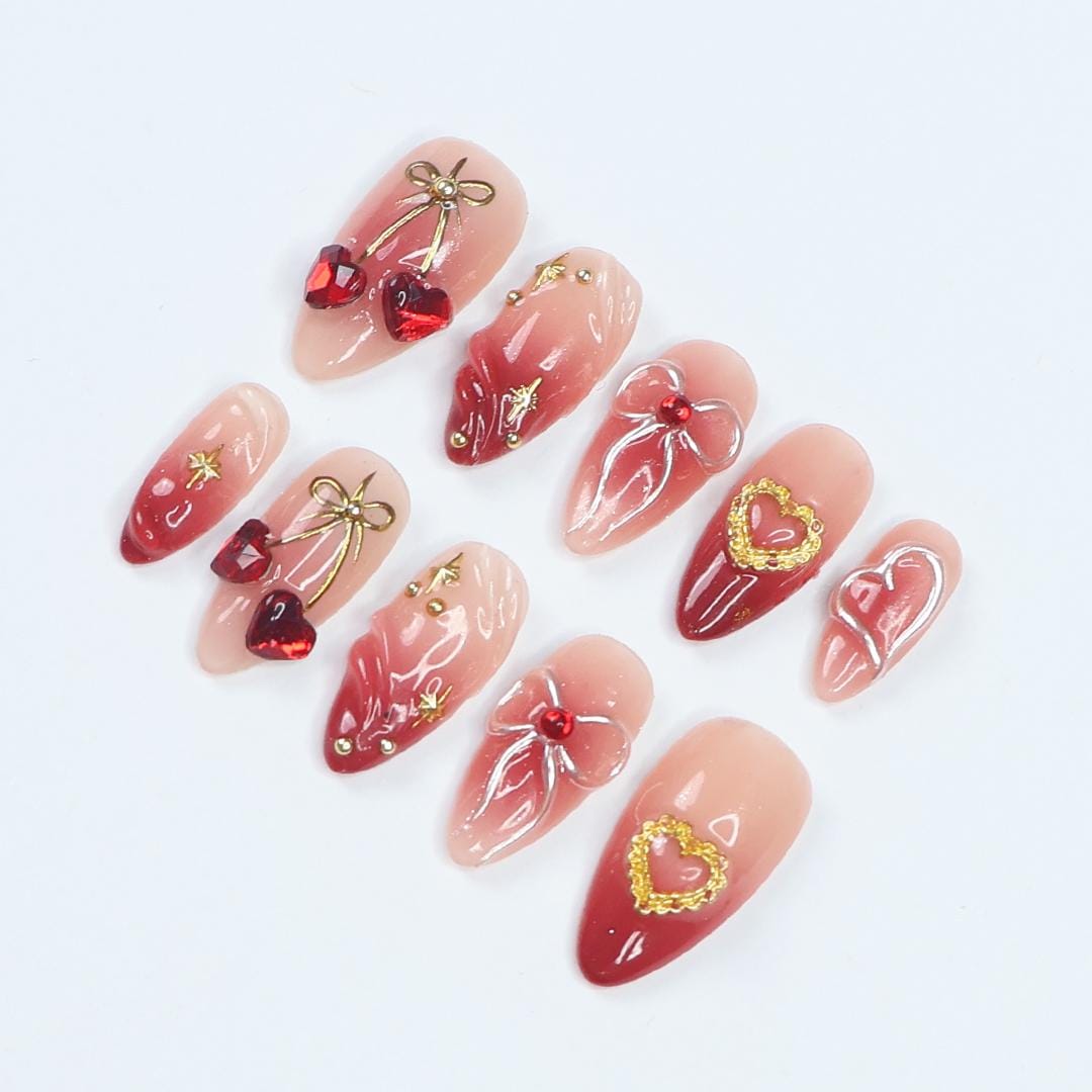 Press On Nails Cupid's Kiss with Gold Heart | 3D Bow & Gem Fake Nail in Medium Almond | Handmade Nail Art for Holiday, Anniversary, Birthday