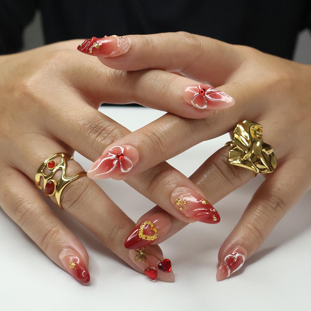 Press On Nails Cupid's Kiss with Gold Heart | 3D Bow & Gem Fake Nail in Medium Almond | Handmade Nail Art for Holiday, Anniversary, Birthday