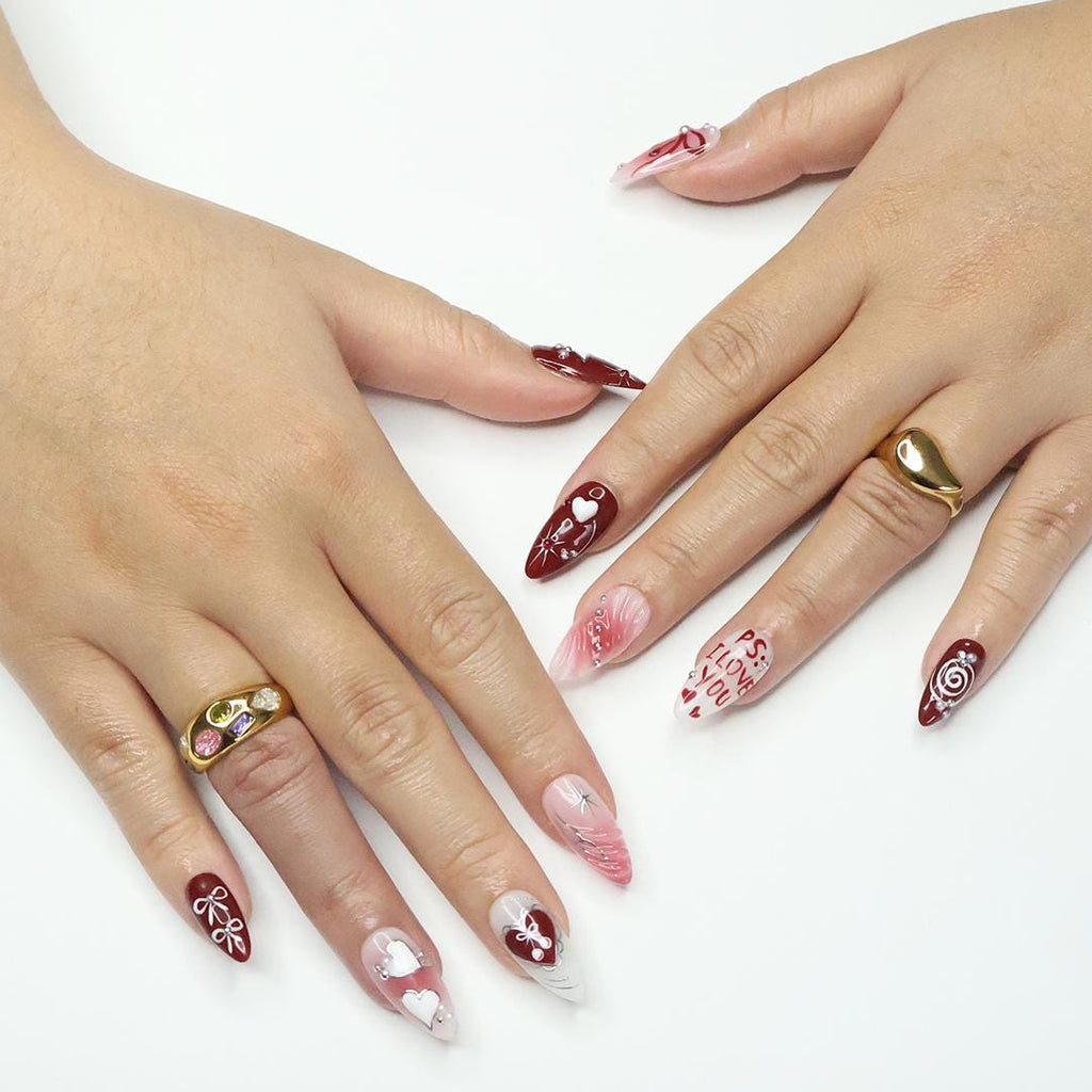 Press On Nails PS: I Love You with Pearl & Star | 3D Heart and Bow Fake Almond Nails | Handmade Nail Art for Holiday, Anniversary, Birthday