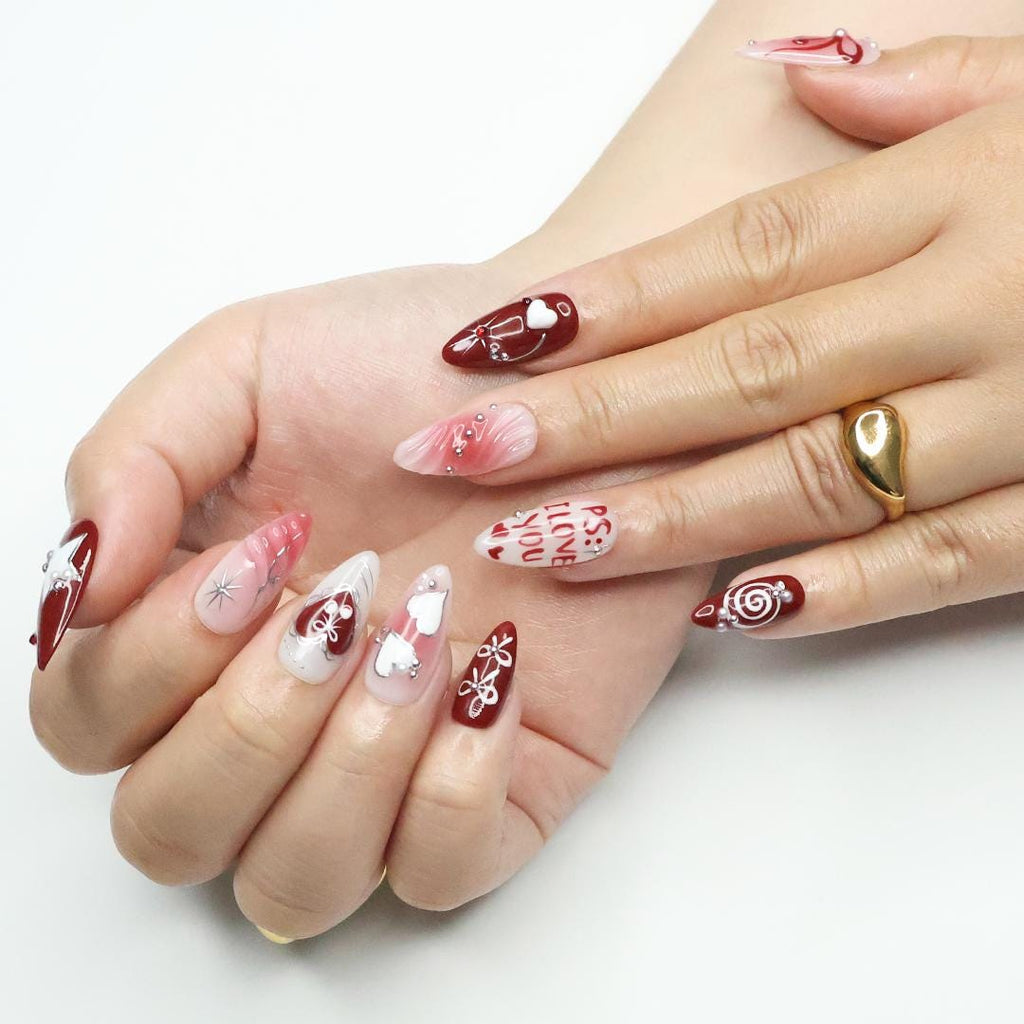Press On Nails PS: I Love You with Pearl & Star | 3D Heart and Bow Fake Almond Nails | Handmade Nail Art for Holiday, Anniversary, Birthday
