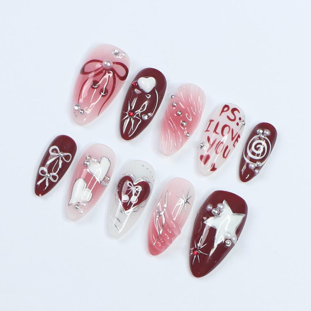 Press On Nails PS: I Love You with Pearl & Star | 3D Heart and Bow Fake Almond Nails | Handmade Nail Art for Holiday, Anniversary, Birthday