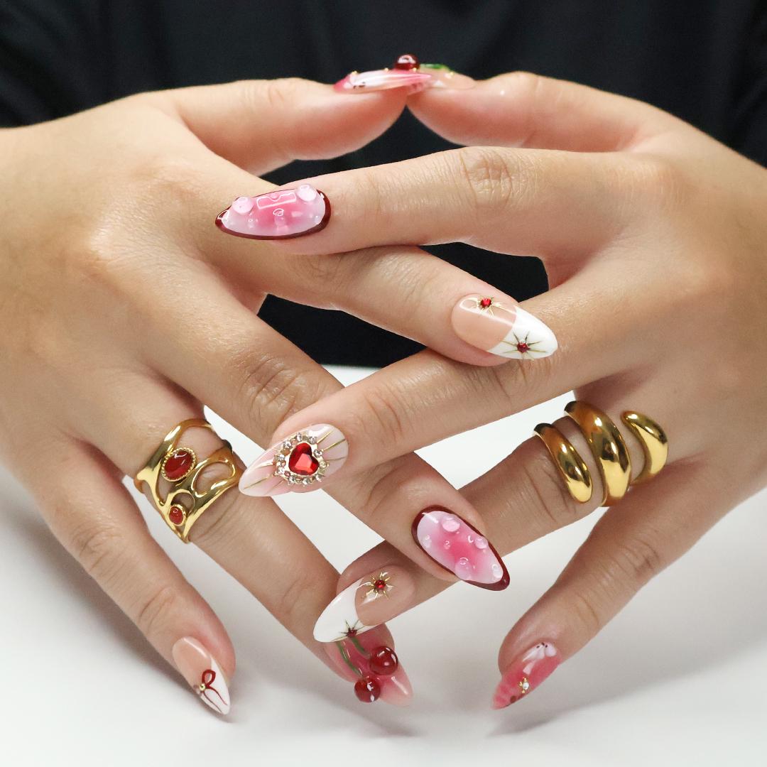 Press On Nails Golden Cupid with Cherry Charms | 3D Heart & Jewel Nails in Medium Almond | Handmade Romantic Nail Art for Holiday, Birthday
