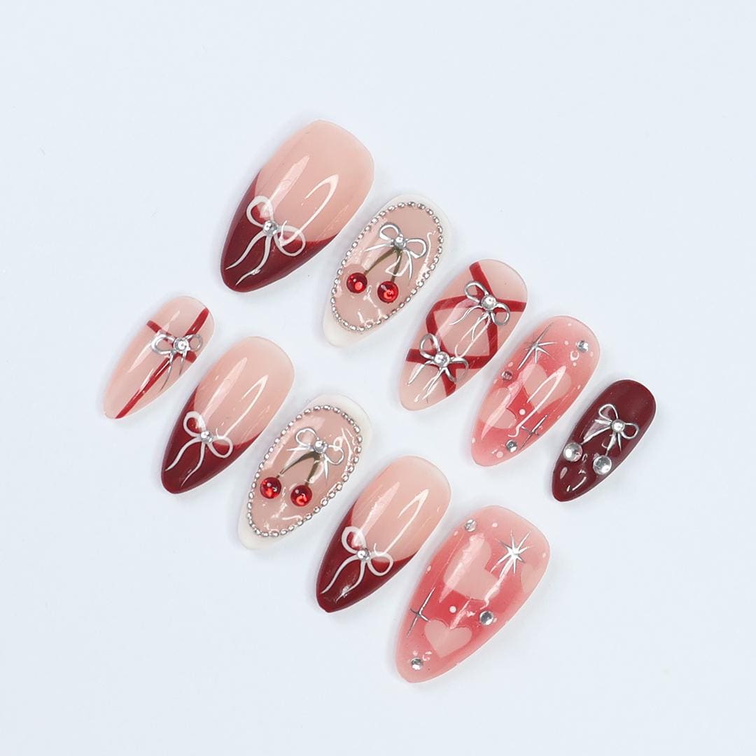 Press On Nails Cherry Charm with Silver Bows | 3D Pearl & Heart Nail Art in Medium Almond | Handmade Elegant Nail Art for Holiday, Birthday
