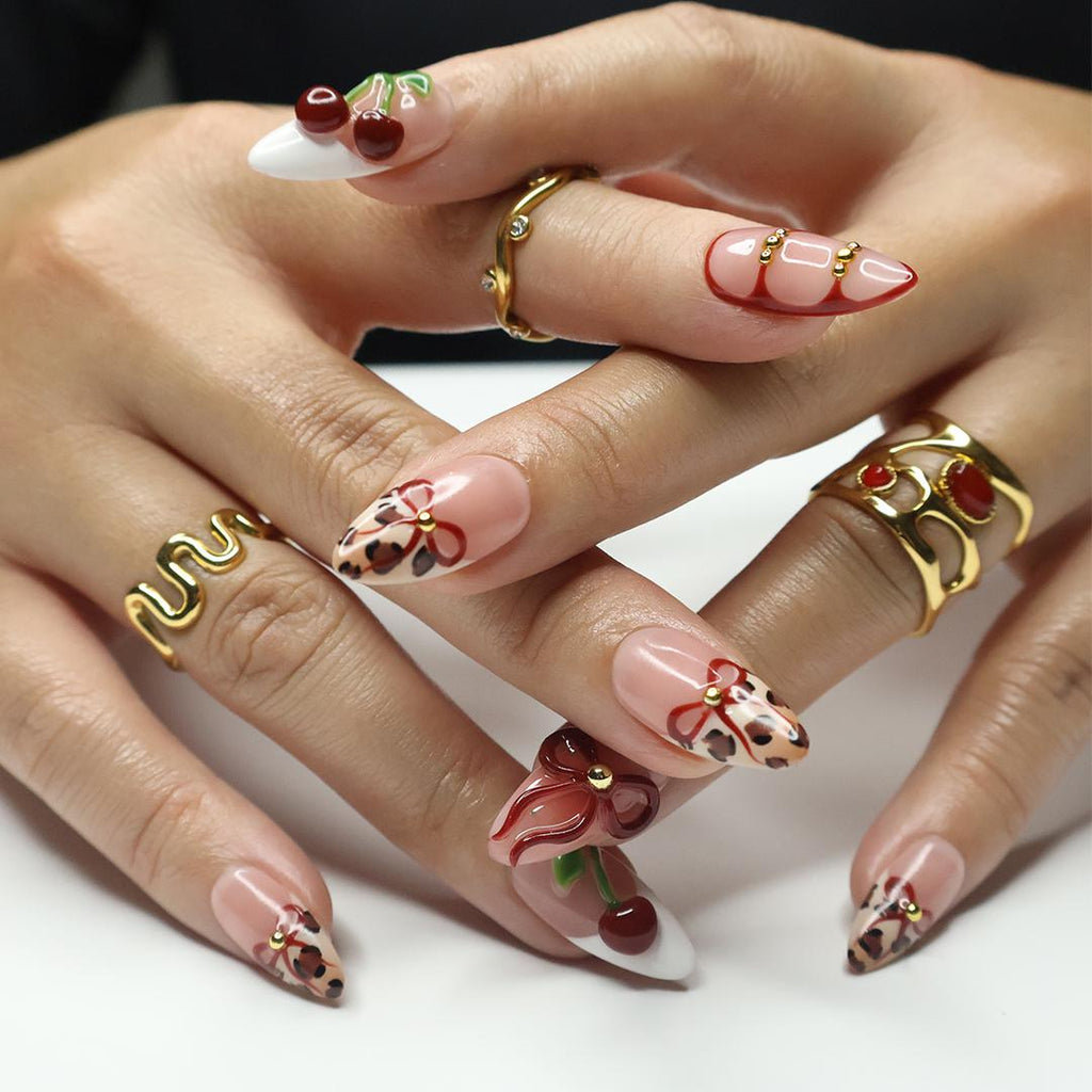Press On Nails Wild Cherry Leopard | 3D Bow & Cherry Accents in Medium Almond | Handmade Bold Nail Art for Holiday, Party, Birthday