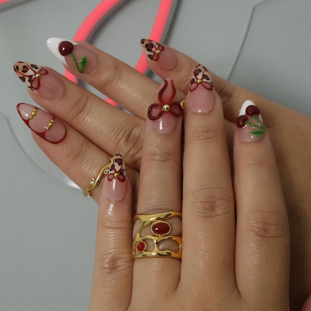 Press On Nails Wild Cherry Leopard | 3D Bow & Cherry Accents in Medium Almond | Handmade Bold Nail Art for Holiday, Party, Birthday