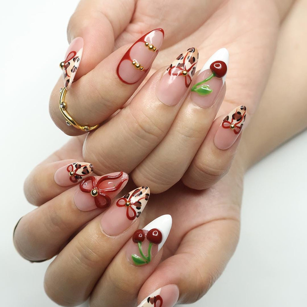Press On Nails Wild Cherry Leopard | 3D Bow & Cherry Accents in Medium Almond | Handmade Bold Nail Art for Holiday, Party, Birthday