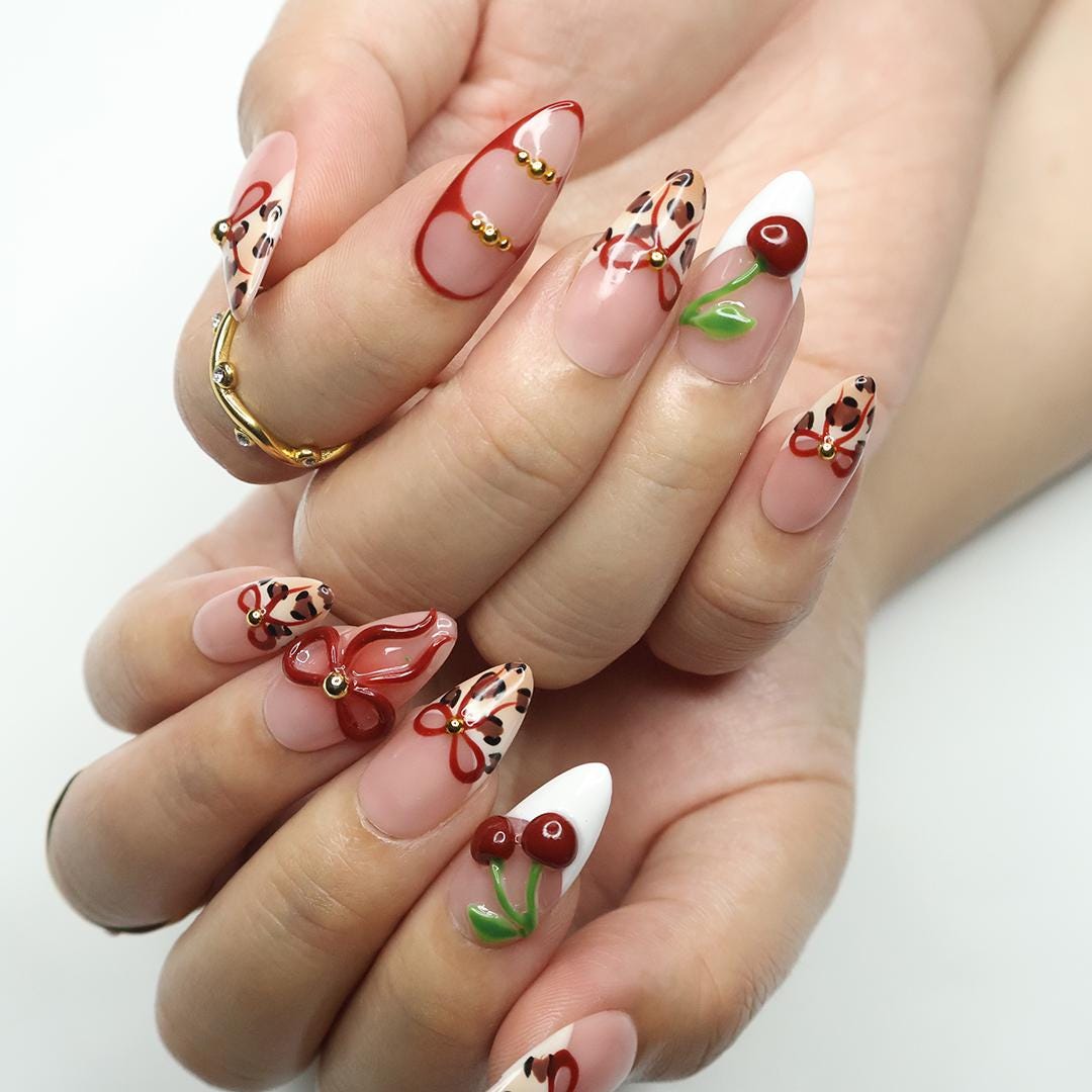 Press On Nails Wild Cherry Leopard | 3D Bow & Cherry Accents in Medium Almond | Handmade Bold Nail Art for Holiday, Party, Birthday