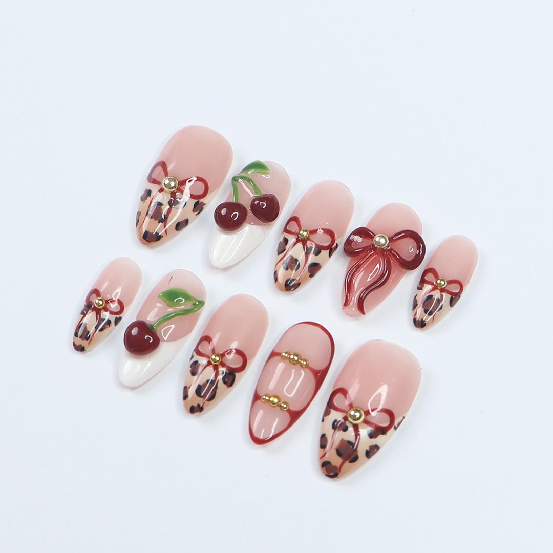 Press On Nails Wild Cherry Leopard | 3D Bow & Cherry Accents in Medium Almond | Handmade Bold Nail Art for Holiday, Party, Birthday